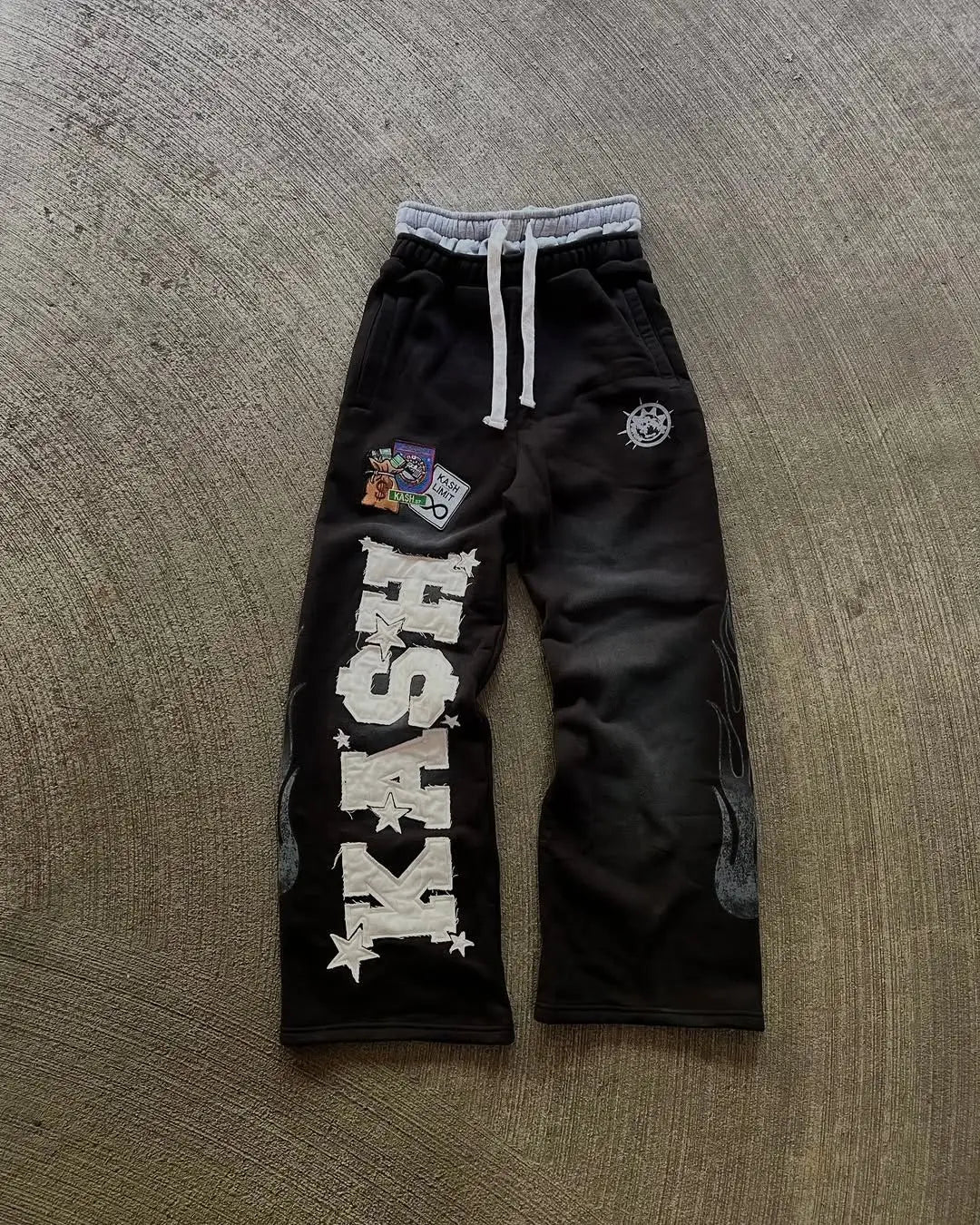black Color Unisex Wide Leg Streetwear Pants With Embroidery Print