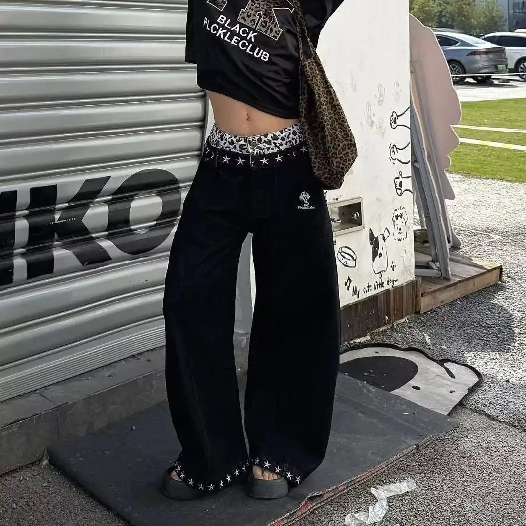 Fashionable Embroidery Rivet Loose Jeans Wide-Leg Women's Clothing Leopard Star Decor Denim Pants Streetwear Casual Trousers New - ＤＡＥＬ