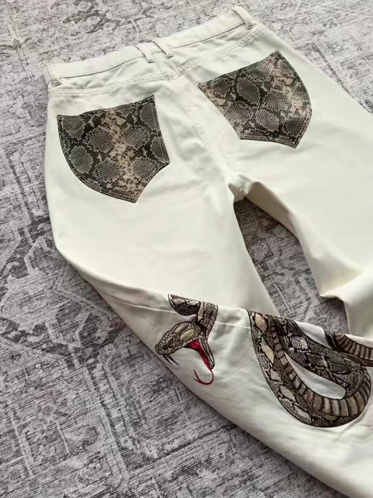 Retro Snake Embroidered Straight Leg Streetwear Jeans - ＤＡＥＬ