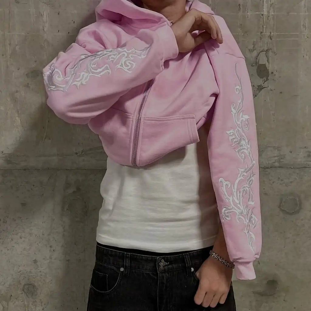Floral Embroidered Zip-Up Streetwear Hoodie - ＤＡＥＬ