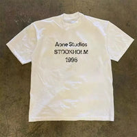 2026 Summer Trend Oversized T-shirt Breathable Cotton Retro Distressed Stockholm 1996 Letter Print Unisex Casual Sweat  Tops