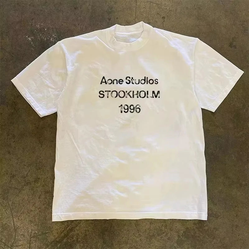 2026 Summer Trend Oversized T-shirt Breathable Cotton Retro Distressed Stockholm 1996 Letter Print Unisex Casual Sweat  Tops