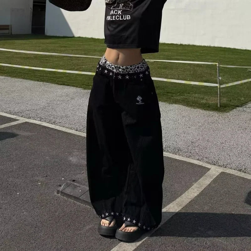 Fashionable Embroidery Rivet Loose Jeans Wide-Leg Women's Clothing Leopard Star Decor Denim Pants Streetwear Casual Trousers New - ＤＡＥＬ