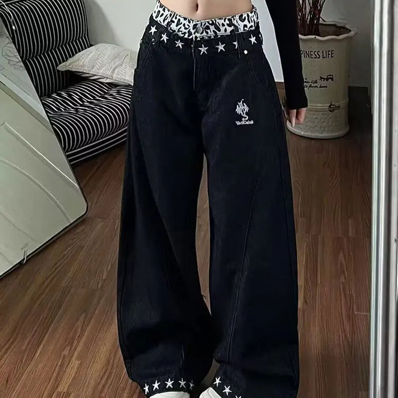 Fashionable Embroidery Rivet Loose Jeans Wide-Leg Women's Clothing Leopard Star Decor Denim Pants Streetwear Casual Trousers New - ＤＡＥＬ