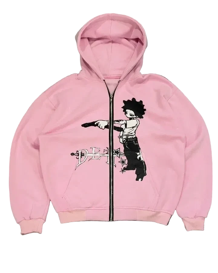 Men's pink zip-up hoodie, loose fit, Harajuku style, cartoon graphics, suitable for autumn - ＤＡＥＬ