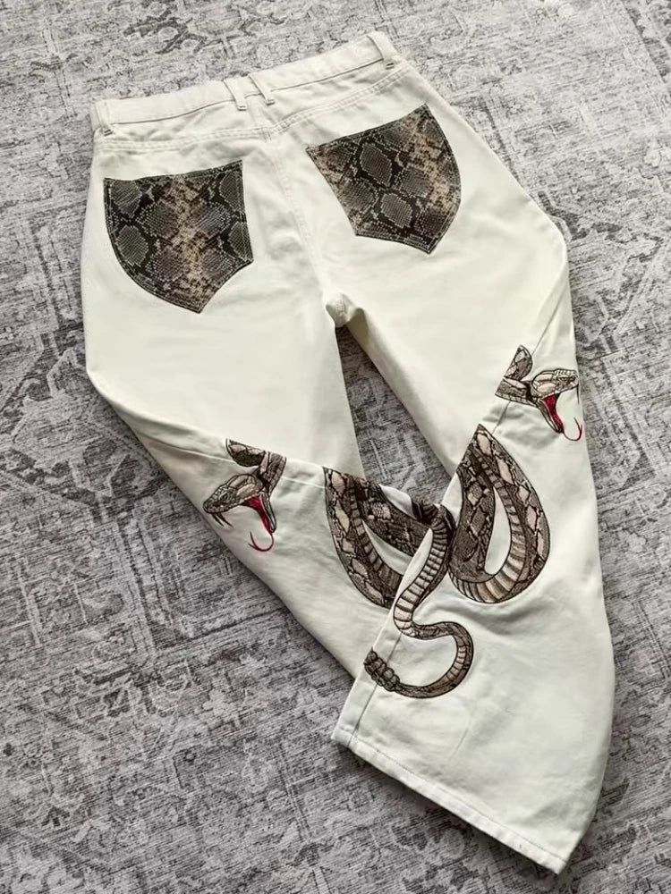 Retro Snake Embroidered Straight Leg Streetwear Jeans - ＤＡＥＬ