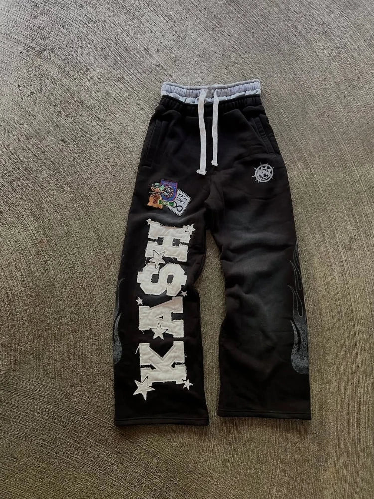 Unisex Wide Leg Streetwear Pants With Embroidery Print
