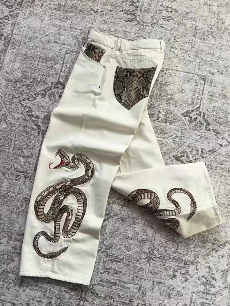 Retro Snake Embroidered Straight Leg Streetwear Jeans - ＤＡＥＬ