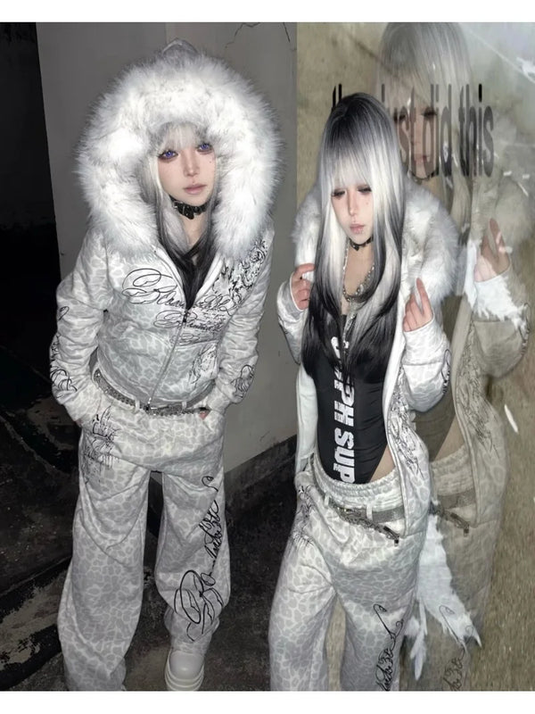 Y2K Leopard Print Zip Hoodie And Sweatpants Set Unisex