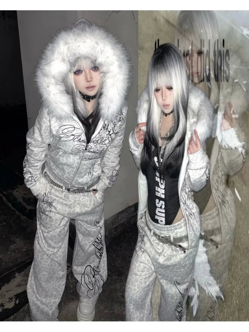 Y2K Leopard Print Zip Hoodie And Sweatpants Set Unisex