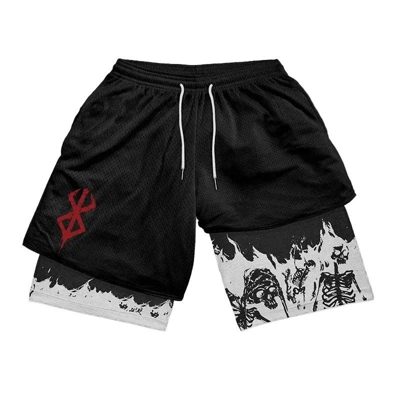 Sport Shorts Men 2 in 1 Gym Jogging Running Training Workout Shorts 3D Anime Berserk Breathable Beach Double-Layer Shorts Mens - ＤＡＥＬ