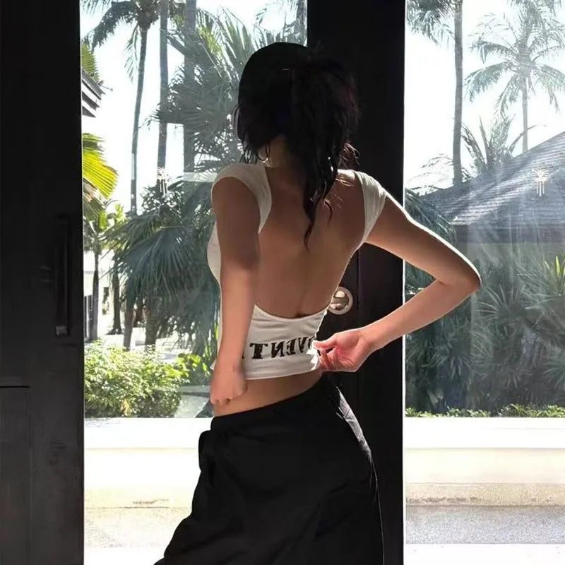Seeslim Hotsweet Backless Graphic T Shirts Short Sleeve Print Letter Summer Tops Slim 2000s Clothes Y2k Tees Female Clothing - ＤＡＥＬ
