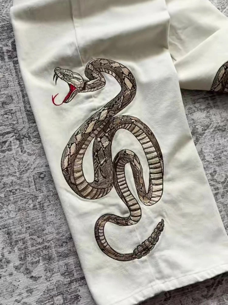 Retro Snake Embroidered Straight Leg Streetwear Jeans - ＤＡＥＬ