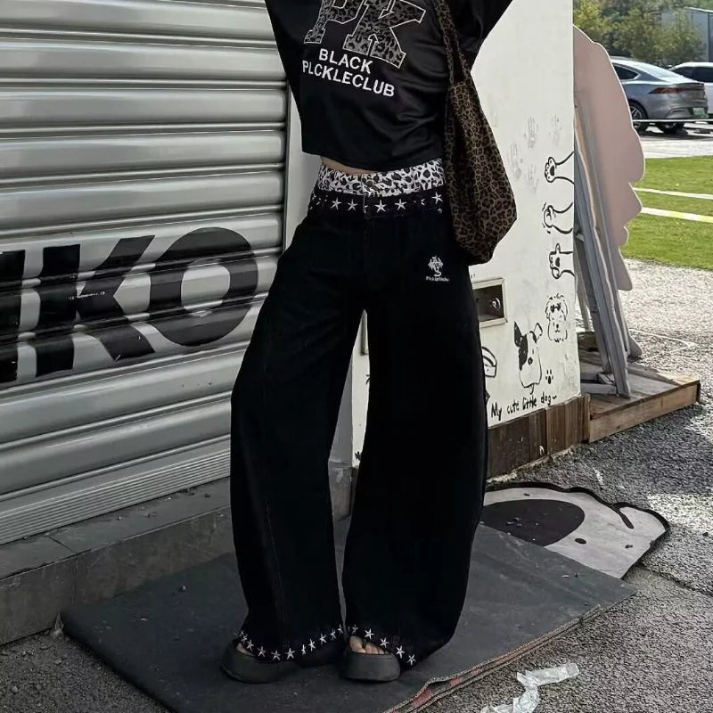 Fashionable Embroidery Rivet Loose Jeans Wide-Leg Women's Clothing Leopard Star Decor Denim Pants Streetwear Casual Trousers New - ＤＡＥＬ