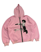 Men's pink zip-up hoodie, loose fit, Harajuku style, cartoon graphics, suitable for autumn - ＤＡＥＬ