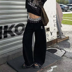 Fashionable Embroidery Rivet Loose Jeans Wide-Leg Women's Clothing Leopard Star Decor Denim Pants Streetwear Casual Trousers New - ＤＡＥＬ