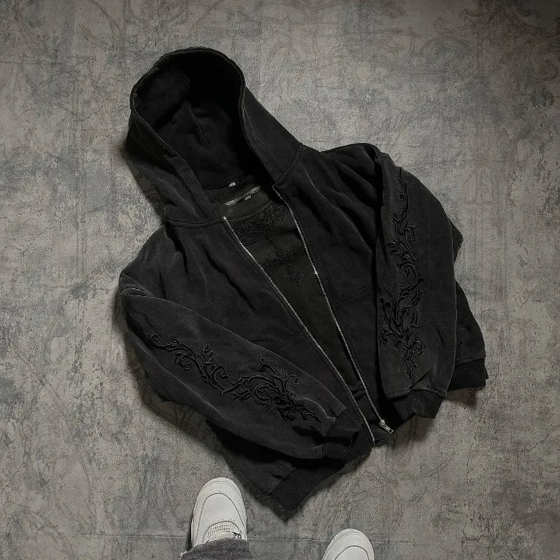 Floral Embroidered Zip-Up Streetwear Hoodie - ＤＡＥＬ