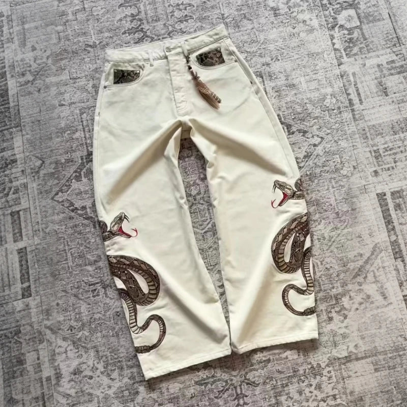 Retro Snake Embroidered Straight Leg Streetwear Jeans - ＤＡＥＬ