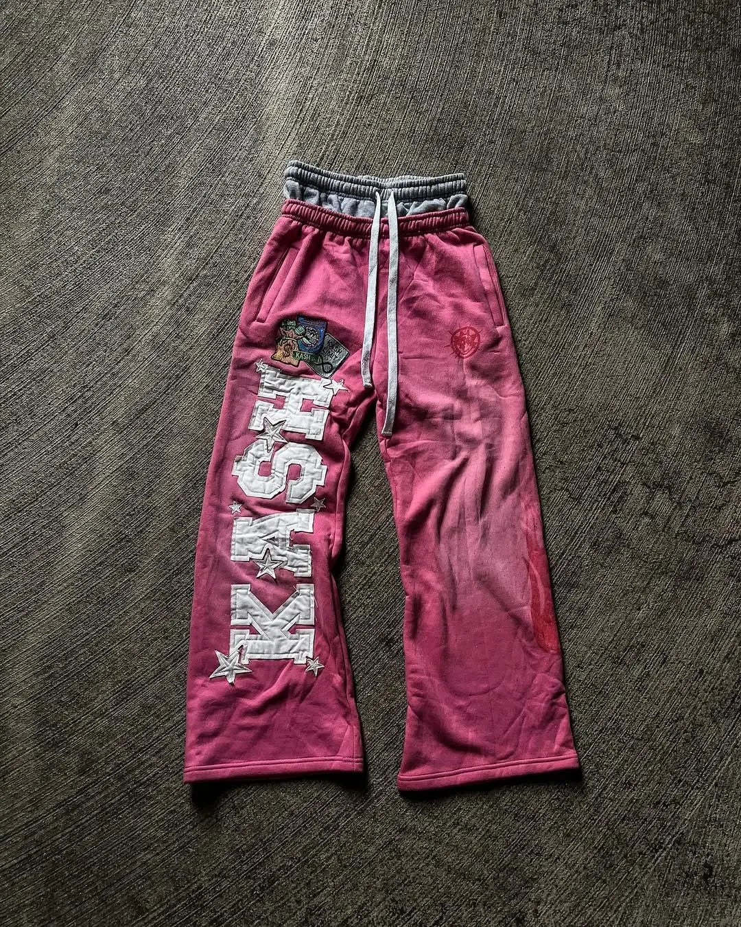 Pink Color Unisex Wide Leg Streetwear Pants With Embroidery Print
