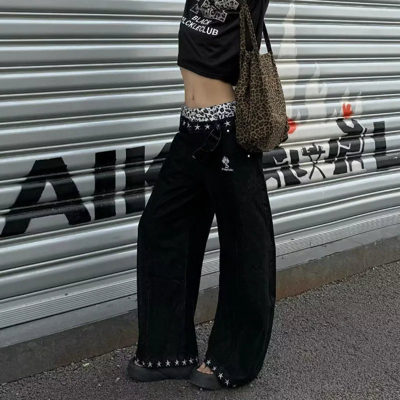 Fashionable Embroidery Rivet Loose Jeans Wide-Leg Women's Clothing Leopard Star Decor Denim Pants Streetwear Casual Trousers New - ＤＡＥＬ
