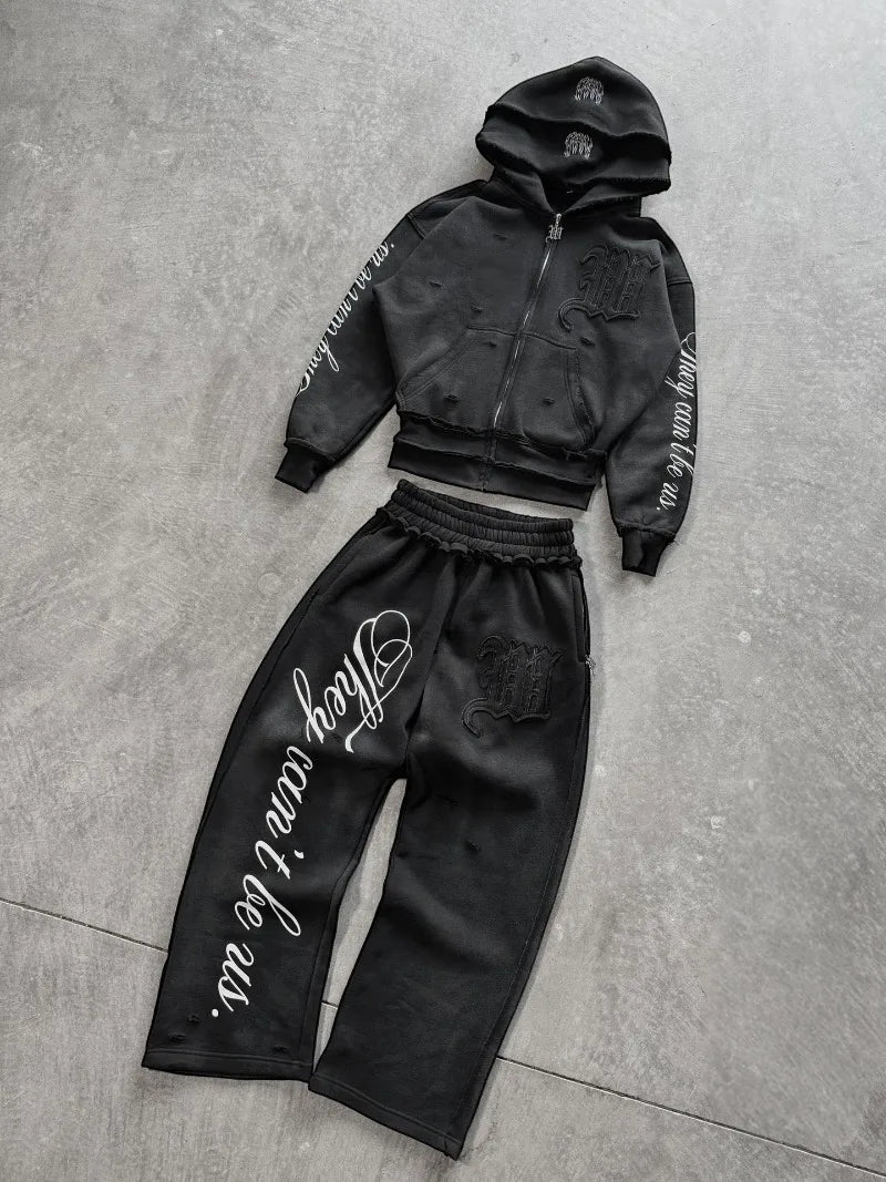 Y2K Punk Pink Hooded Tracksuit Set With Embroidered Patches