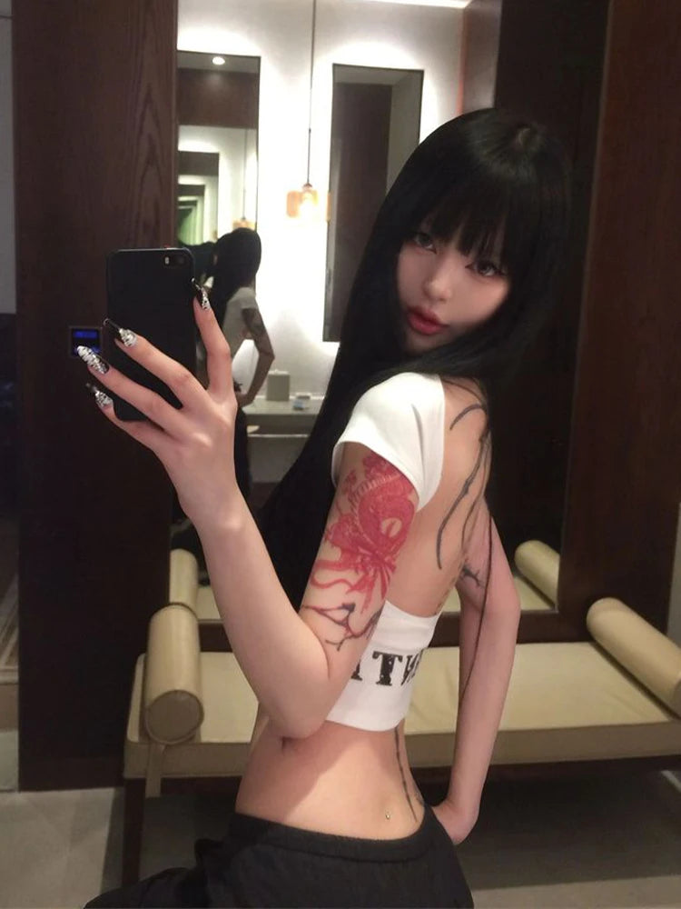 Seeslim Hotsweet Backless Graphic T Shirts Short Sleeve Print Letter Summer Tops Slim 2000s Clothes Y2k Tees Female Clothing - ＤＡＥＬ