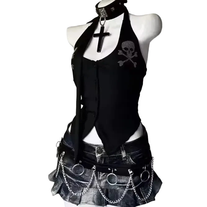 Punk Vintage Y2K Subculture Halter Vest Gothic Skulls Print Tanks New Women's Halter Top Harajuku Sexy Slim Tops Women Clothing - ＤＡＥＬ