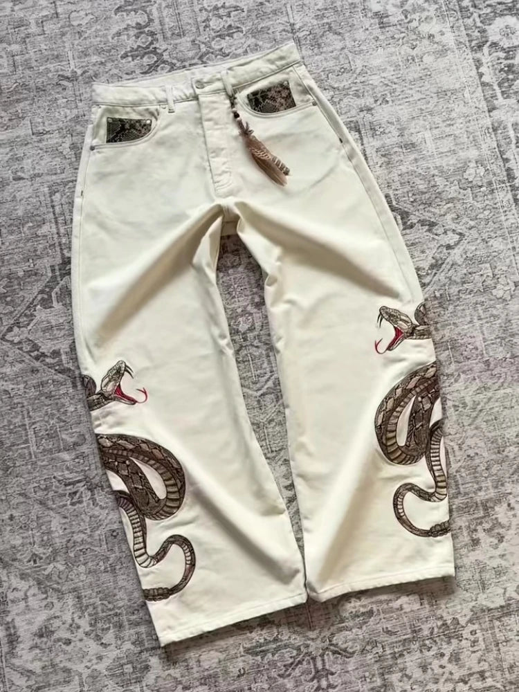 Retro Snake Embroidered Straight Leg Streetwear Jeans - ＤＡＥＬ