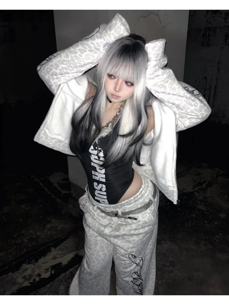 Y2K Leopard Print Zip Hoodie And Sweatpants Set Unisex