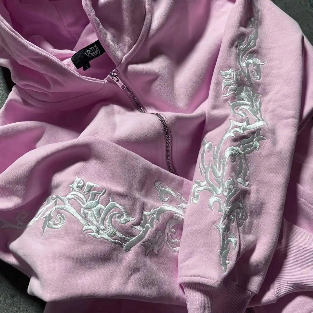 Floral Embroidered Zip-Up Streetwear Hoodie - ＤＡＥＬ