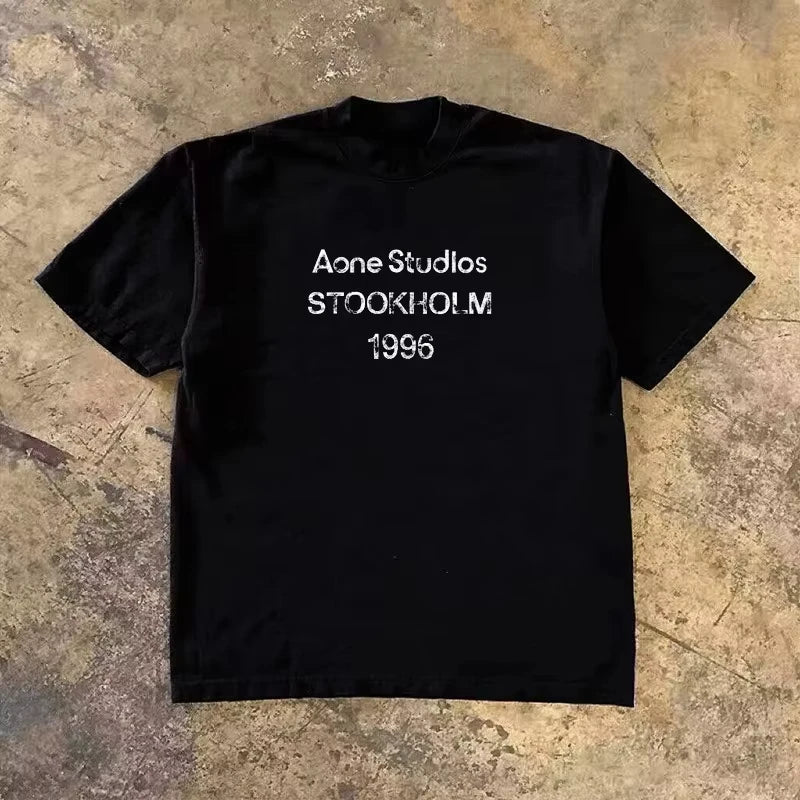 2026 Summer Trend Oversized T-shirt Breathable Cotton Retro Distressed Stockholm 1996 Letter Print Unisex Casual Sweat  Tops