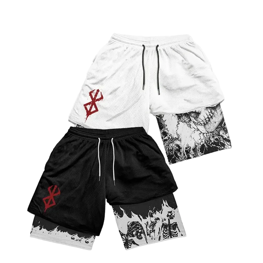 Sport Shorts Men 2 in 1 Gym Jogging Running Training Workout Shorts 3D Anime Berserk Breathable Beach Double-Layer Shorts Mens - ＤＡＥＬ