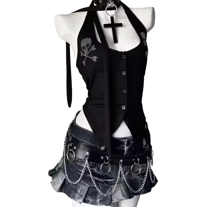 Punk Vintage Y2K Subculture Halter Vest Gothic Skulls Print Tanks New Women's Halter Top Harajuku Sexy Slim Tops Women Clothing - ＤＡＥＬ
