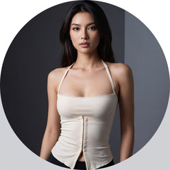 Sloane Sterling wearing a halter cutout crop top in a professional editorial portrait against a neutral studio background.