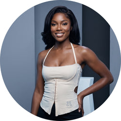 A circular portrait of Zora Smith wearing a modern halter cutout crop top against a minimalist gray studio background.
