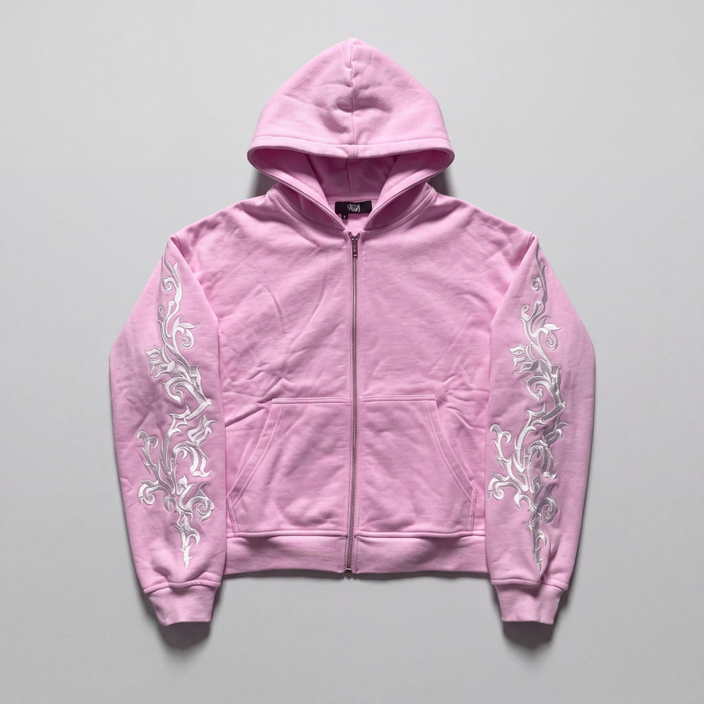 Floral Embroidered Zip-Up Streetwear Hoodie