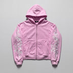 Floral Embroidered Zip-Up Streetwear Hoodie
