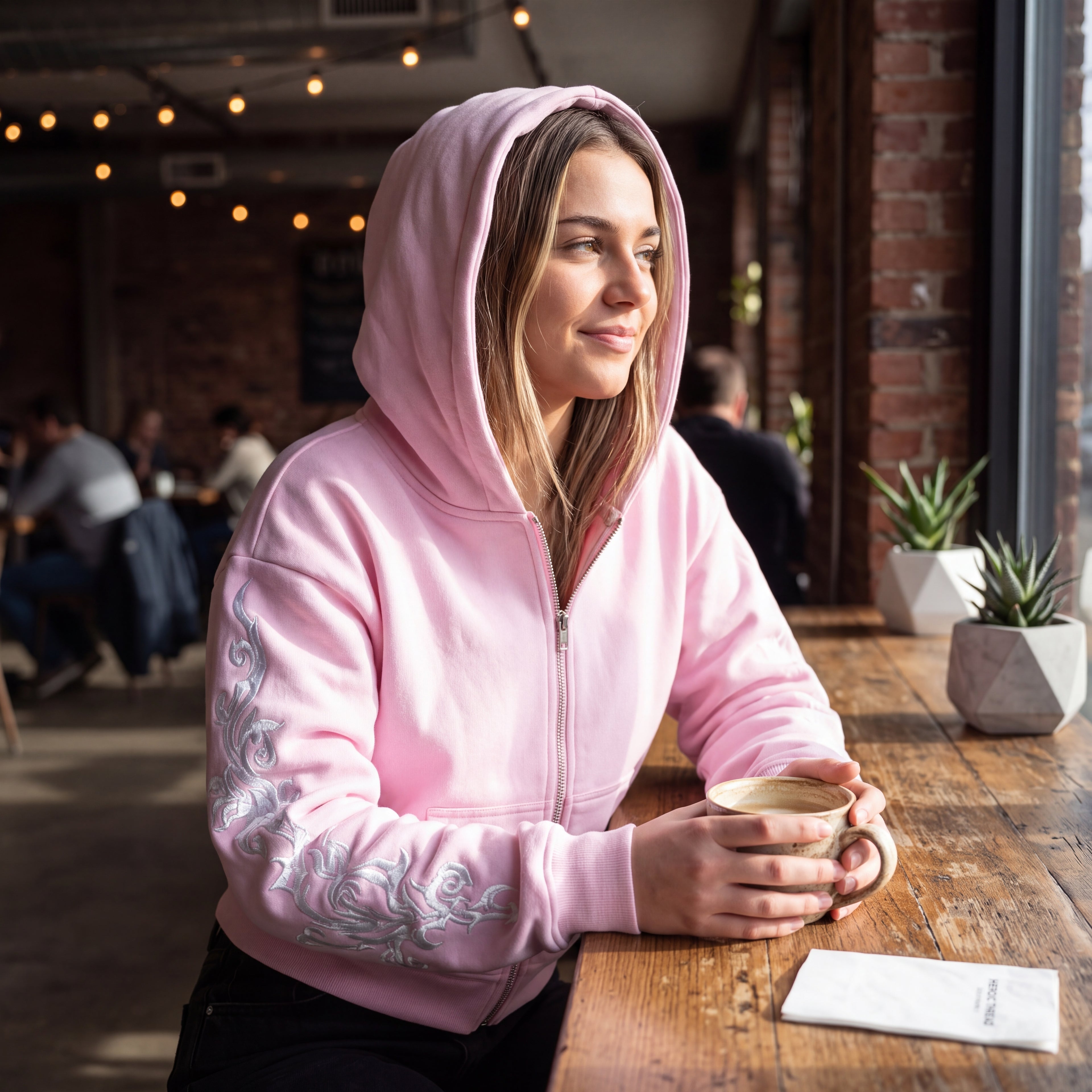 Floral Embroidered Zip-Up Streetwear Hoodie