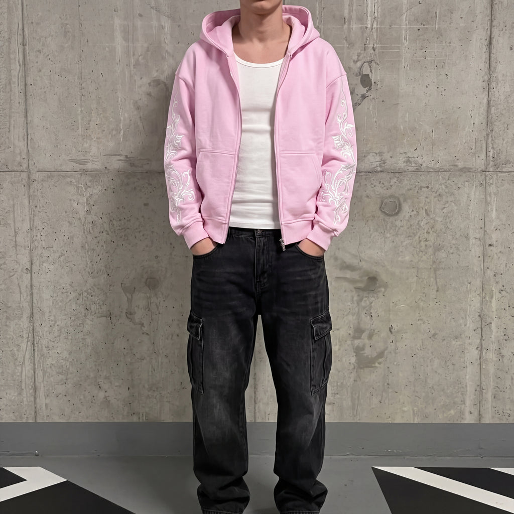 Floral Embroidered Zip-Up Streetwear Hoodie