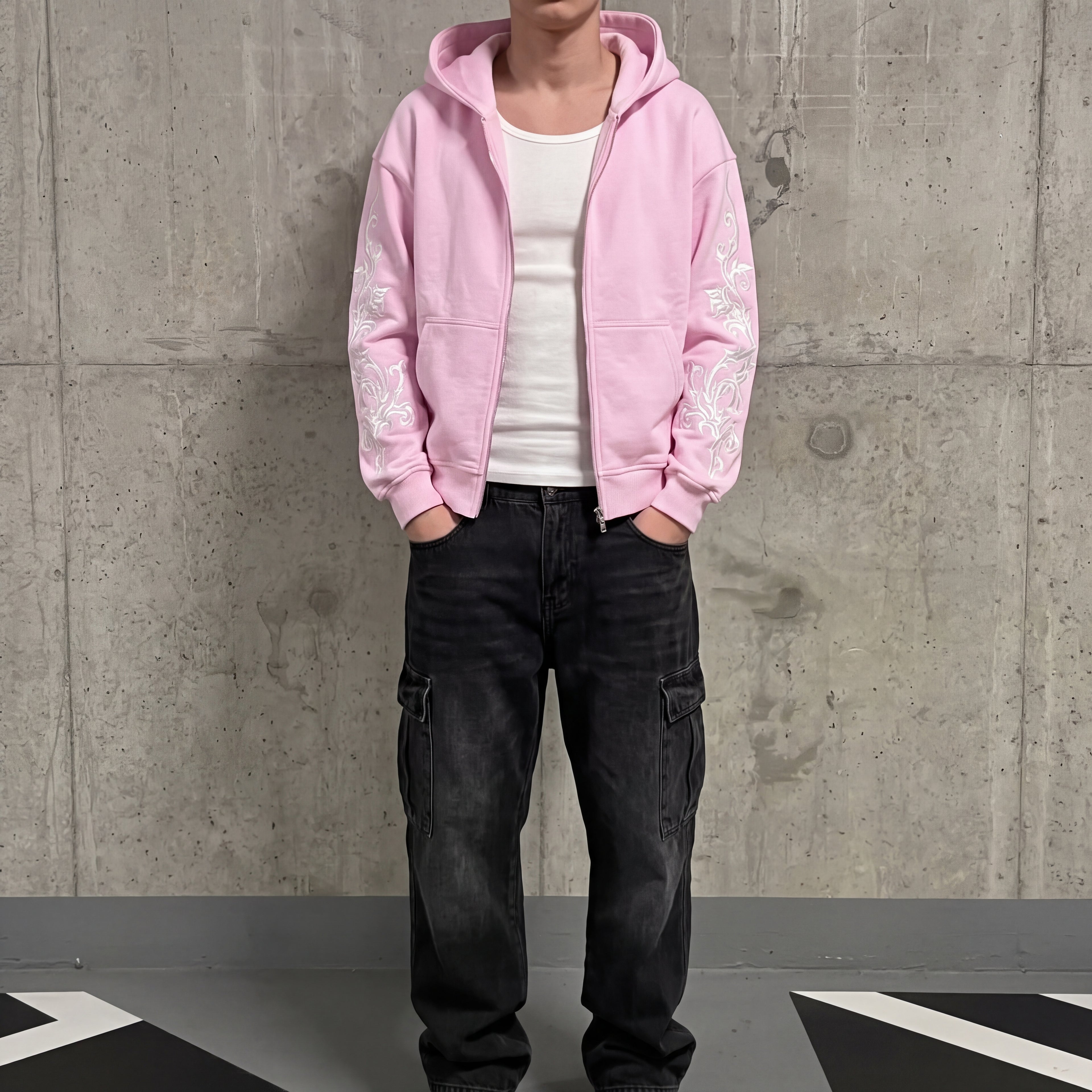Floral Embroidered Zip-Up Streetwear Hoodie